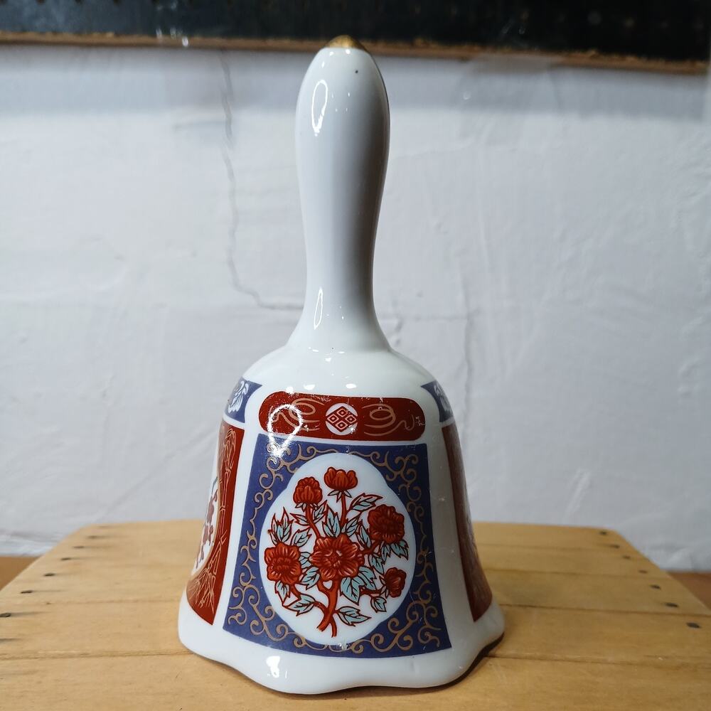 Vintage Taiwan Imari Style Porcelain Dinner Bell Geometric & Floral 5 1/2" #8